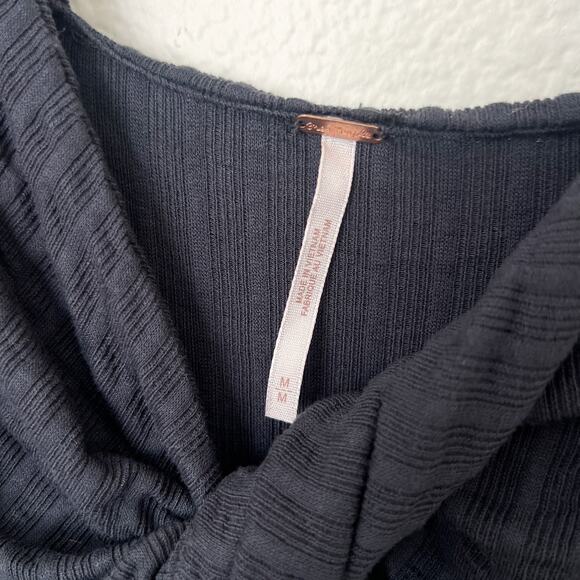 [Free People] Navy Blue Twisted Bust Open Front Slit Long Sleeve Top Sz Medium M - Picture 10 of 11